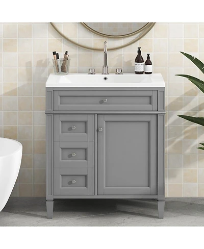 Thirtypeachy 30" Modern Bathroom Vanity Set With Top Sink, 2 Drawers Tip-Out Drawer, Door Organizer Soft-Close