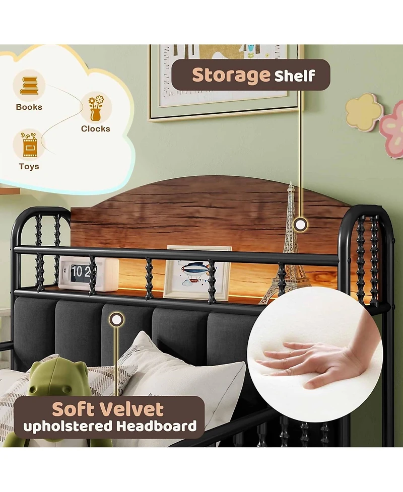 Rainsken Twin Size Metal Platform Bed with Led Light, Upholstered Storage Headboard and Low Profile Design for Kids Boys Girls