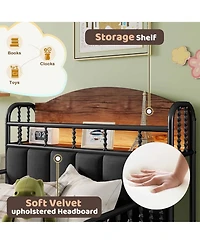 Rainsken Twin Size Metal Platform Bed with Led Light, Upholstered Storage Headboard and Low Profile Design for Kids Boys Girls