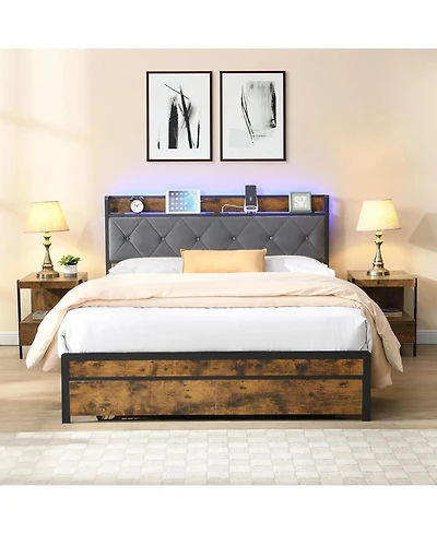Rainsken Full Size Bed Frame, Heavy Duty Metal Platform Bed with 2 Storage Drawers, Charging Station and Led Lights Upholstered Headboard for Bedroom