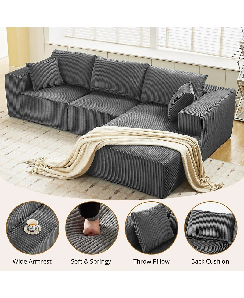 gaomon 108" L-Shaped Modular Sectional Sofa, 3-Piece Corduroy Cloud Couch with Left Facing Chaise & Armrests, No Assembly