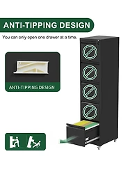 Rainsken 5 drawer metal locking file cabinet with wheels for home office, heavy duty storage for letter, legal, and A4 files.