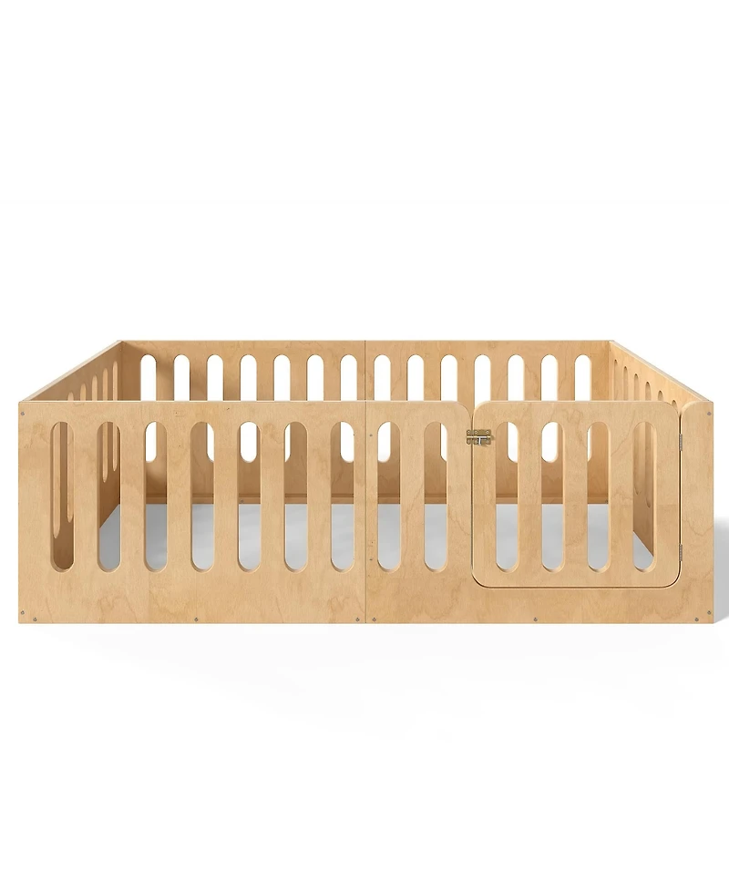 Rainsken Twin Size Solid Wood Kids Floor Bed Frame, High Safety Fence with Door, Low-Profile Montessori Bed for Boys and Girls, No Box Spring Needed