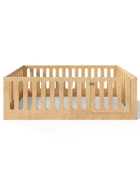 Rainsken Twin Size Solid Wood Kids Floor Bed Frame, High Safety Fence with Door, Low-Profile Montessori Bed for Boys and Girls, No Box Spring Needed