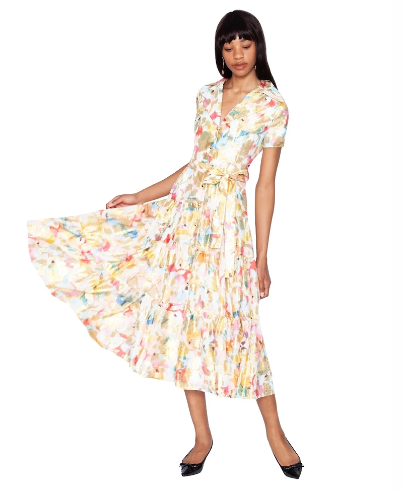 White Tie by Shani Women's V-Neck Tiered Polyester Midi Shirt Dress
