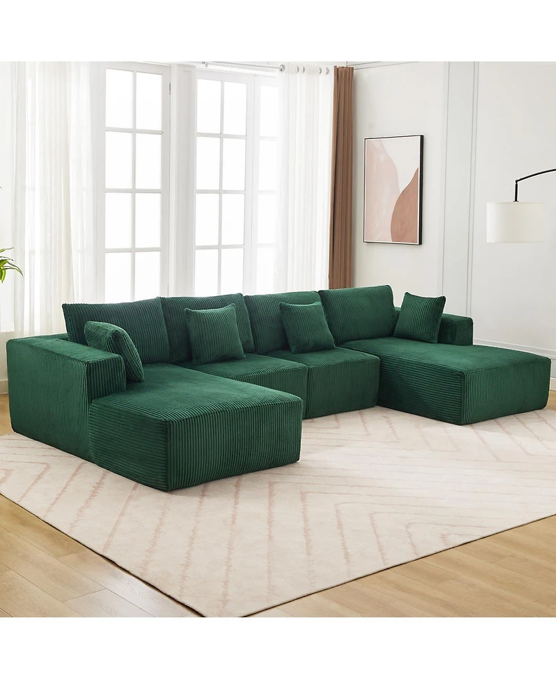 gaomon 137" U-Shaped Modular Sectional Sofa, 4-Piece Corduroy Cloud Couch with Double Chaise