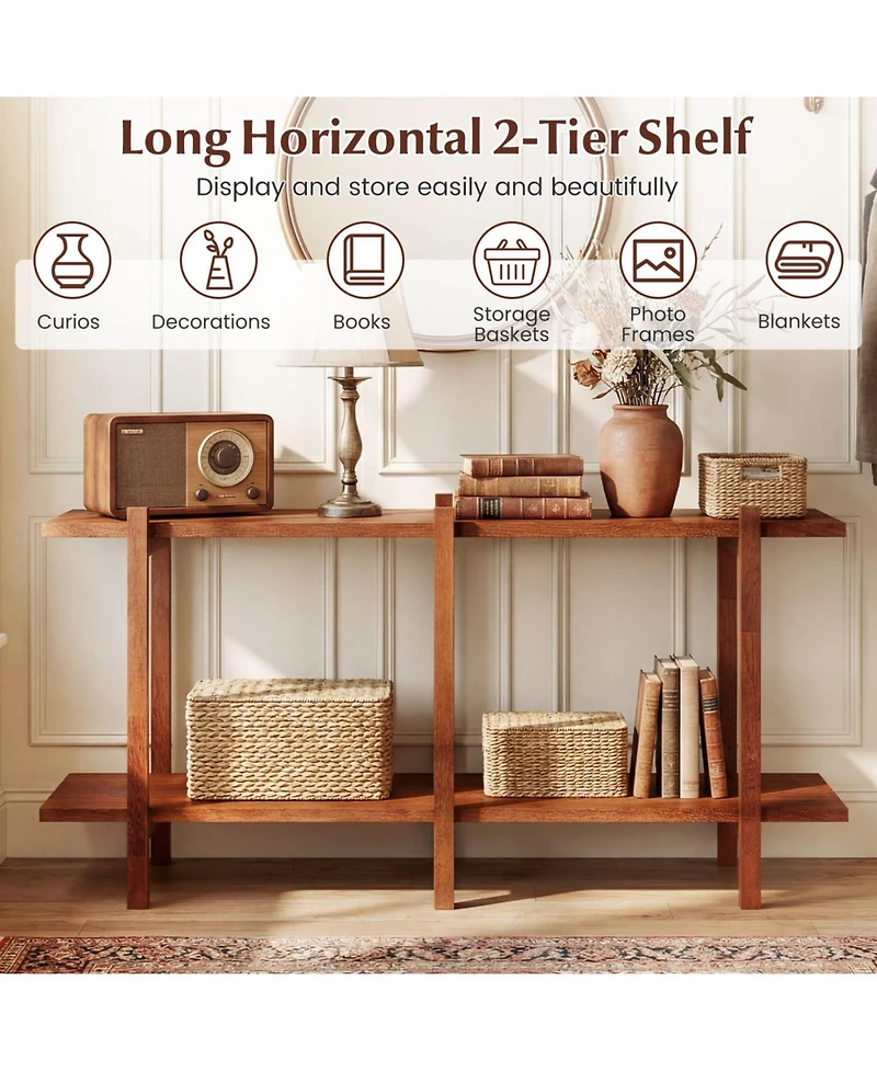 Slickblue 2 Tier Wood Display Bookcase Low Horizontal Shelf