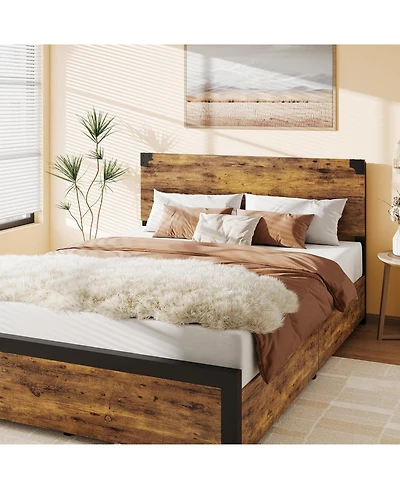 gaomon Full Bed Frame with 4 Storage Drawers, Heavy Duty Metal Platform & Wood Headboard, No Box Spring