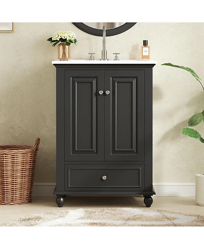 Sillysis 24 Inch Bathroom Vanity with Ceramic Sink, Soft-Close Doors, Adjustable Shelf and Drawer Organizer for Small Spaces
