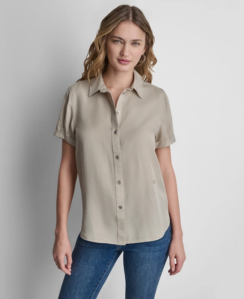 Dkny Jeans Petite Rolled Short-Sleeve Button-Up Shirt