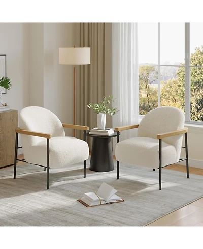 gaomon Comfy Chair Set of 2, Modern Accent Chairs with Teddy Fabric, Wood Arms and Metal Frame
