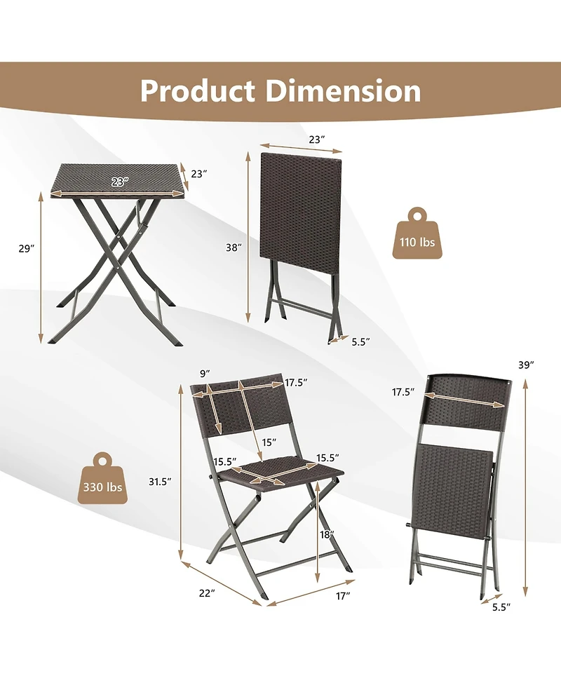 Gymax 3PCS Patio Bistro Set Folding Wicker Chairs and Table Outdoor Patio Furniture Set