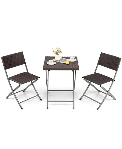 Gymax 3PCS Patio Bistro Set Folding Wicker Chairs and Table Outdoor Patio Furniture Set