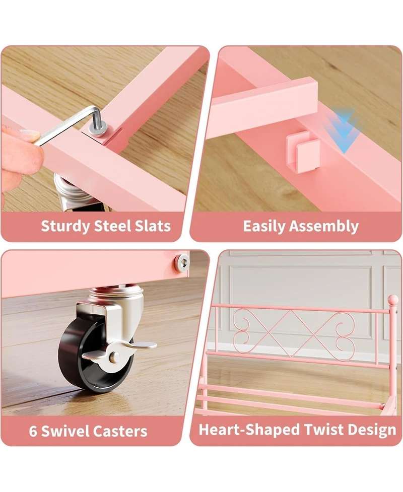 gaomon Daybed with Trundle, Twin Bed with Heart-Shaped Headboard, Sturdy Metal Frame with Slat Support