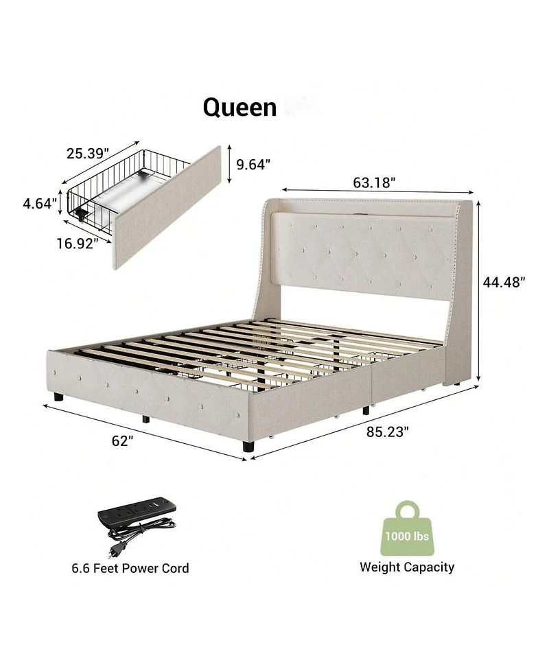 gaomon Upholstered Bed Frame with 4 Storage Drawers, Charging Station, Wingback Design, No Box Spring Needed, Noise-Free, Easy Assembly