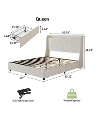 gaomon Upholstered Bed Frame with 4 Storage Drawers, Charging Station, Wingback Design, No Box Spring Needed, Noise-Free, Easy Assembly