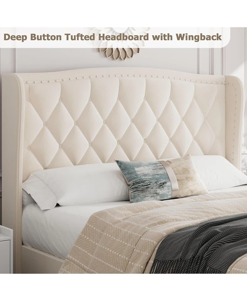 gaomon Wingback Platform Bed Frame Upholstered Headboard, No Box Spring Needed