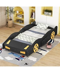 flynama Twin Size Race Car Bed With Wheels Storage Pine Wood Mdf No Box Spring