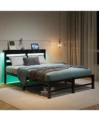 flynama Full Size Metal Bed Wooden Headboard Rgb Lights Charger Storage