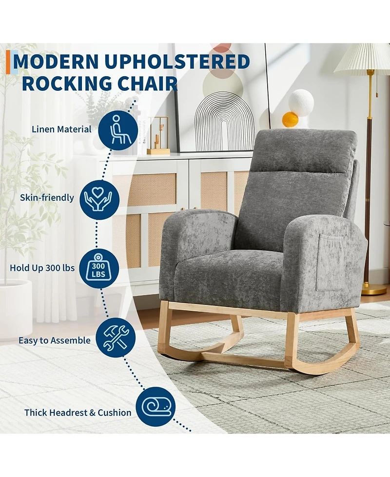 gaomon Modern Nursery Rocking Chair with Wood Legs and Side Pocket