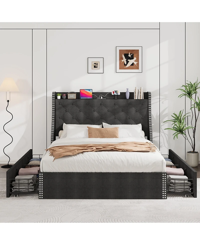 gaomon Bed Frame with Wingback Headboard & 4 Drawers, Upholstered, Charging Station, Button Tufted, No Box Spring