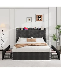 gaomon Bed Frame with Wingback Headboard & 4 Drawers, Upholstered, Charging Station, Button Tufted, No Box Spring
