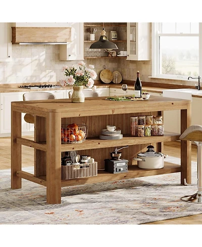 Tribesigns 63-Inch Solid Wood Kitchen Island with Storage Shelves, Farmhouse Island Table with Seating, Counter Height Bar Table