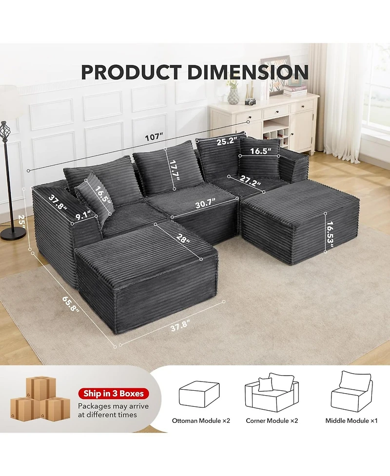 gaomon 107" Modular Sectional Cloud Couch for Living Room,Deep Seat Boneless Couch,Convertible Sofas with Ottomans,No Assembly Compression Sofas