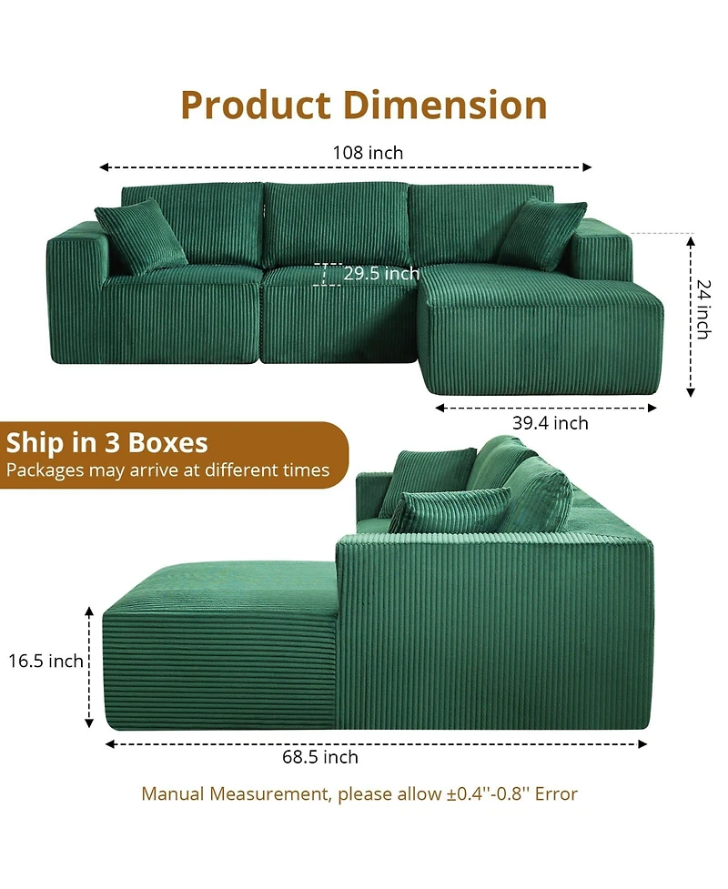 gaomon 108" L-Shaped Modular Sectional Sofa, 3-Piece Corduroy Cloud Couch with Left Facing Chaise & Armrests
