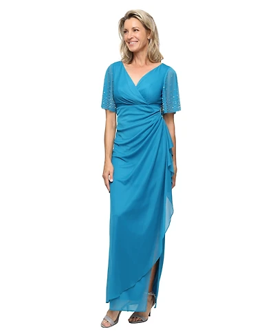 Alex Evenings Women's Embellished Flutter Sleeve Long Dress