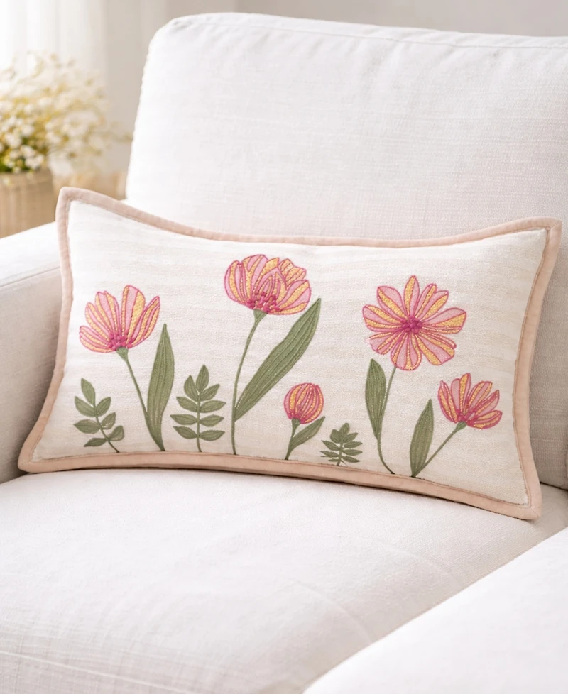 Vibhsa Poppy Garden Spring Embroidered Lumbar Decorative Pillow, 14" x 24"