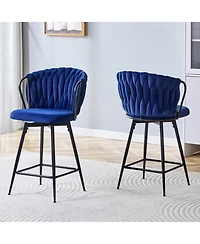 Rainsken Velvet Bar Stool Set of 2, Swivel Counter Height Chairs with Metal Frame and Woven Rope Backrest for Kitchen Island, Home Pub