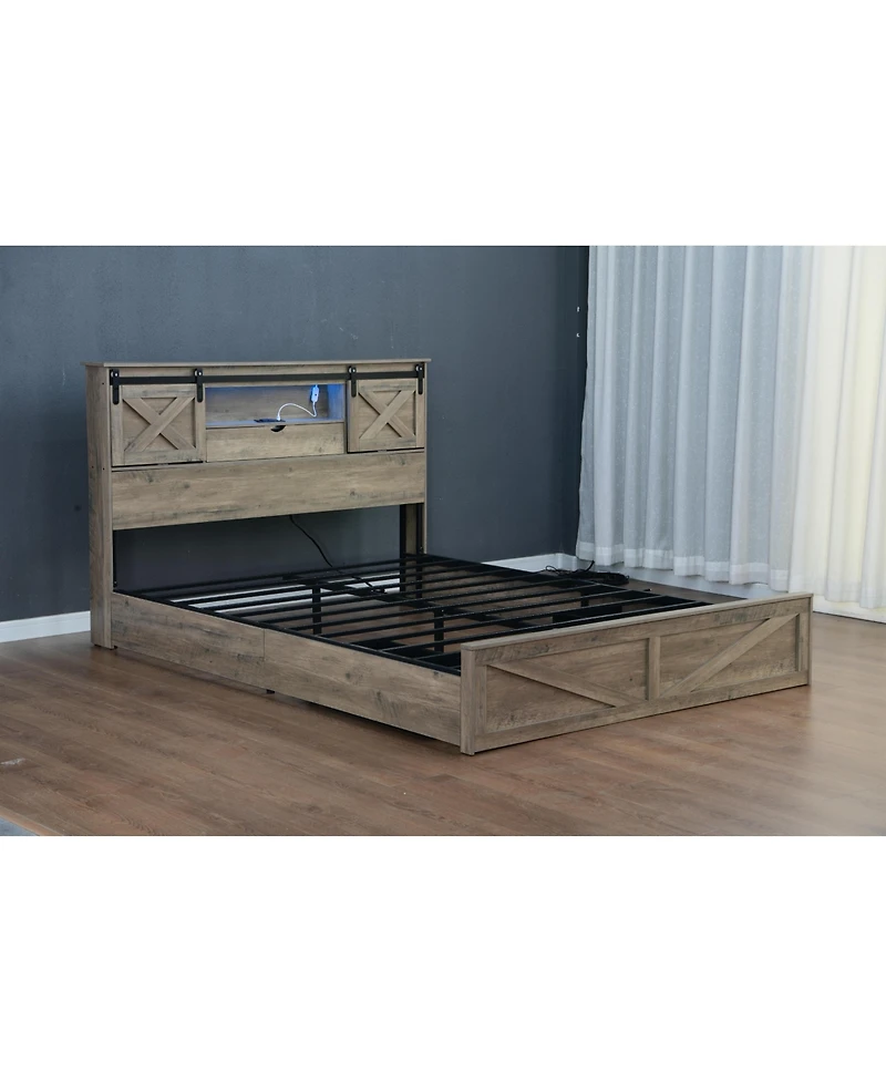 Flynama Farmhouse Bed Frame With Led Lights Charging Station 2 Storage Drawers