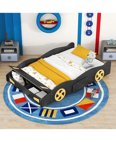 flynama Race Car Shaped Platform Bed Wheels Storage Pine Wood Mdf