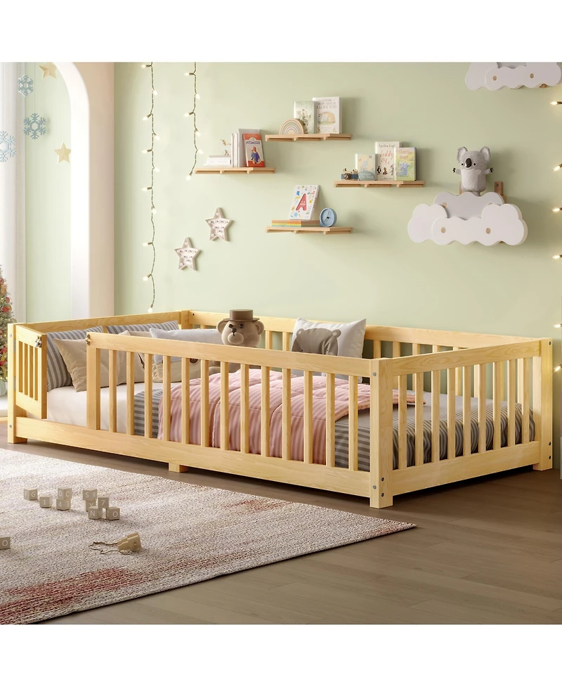 flynama Kids Floor Bed with Safety Guardrails Removable Slats and Door Wood Construction