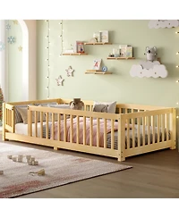 flynama Kids Floor Bed with Safety Guardrails Removable Slats and Door Wood Construction