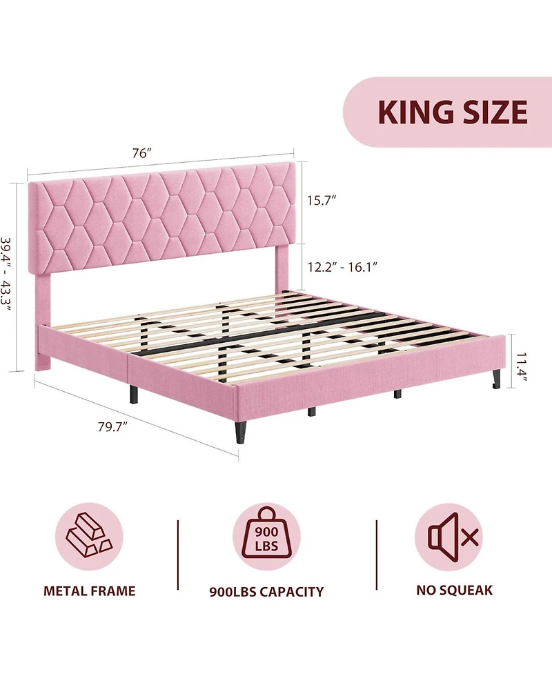 gaomon King Size Mdf + Iron + Fabric Diagonal Grid Soft Mattress, Comfortable Upholstered Bed Frame in Pink, No Box Spring Needed, Space-Saving Design