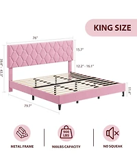 gaomon King Size Mdf + Iron + Fabric Diagonal Grid Soft Mattress, Comfortable Upholstered Bed Frame in Pink, No Box Spring Needed, Space-Saving Design