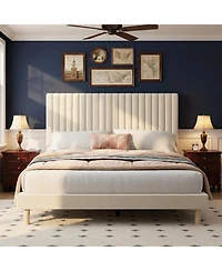 gaomon Full Size Iron + Mdf Tall Vertical Stripe Bed Frame, Beige Upholstered Bed with Modern Design, No Box Spring Needed, Sturdy Construction