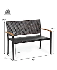 Gymax Patio Wicker Bench All Weather Rattan Chair Loveseat w/ Acacia Armrest