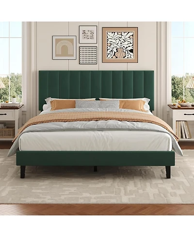 gaomon Queen Size Velvet Iron Mdf Vertical Pattern Soft Bag Basic Bed, Upholstered Bed Frame, Stylish Design, Comfortable Mattress