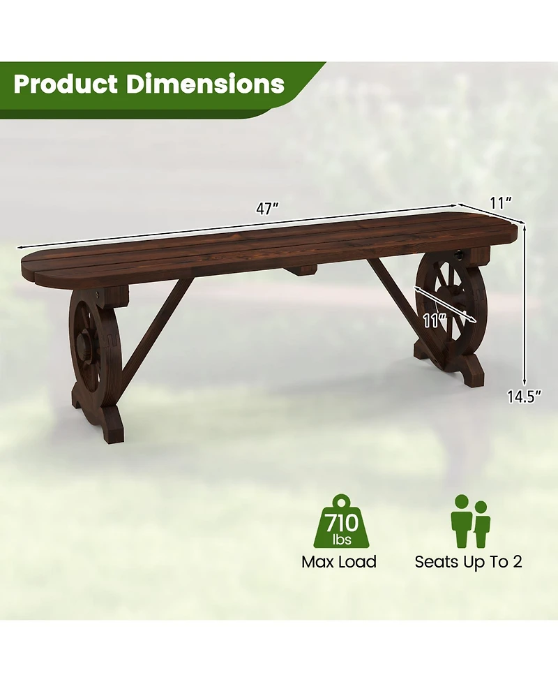 Gymax Rustic Wood Bench w/ Wagon Wheel Base Slatted Seat Design Max Load Patio