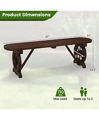 Gymax Rustic Wood Bench w/ Wagon Wheel Base Slatted Seat Design Max Load Patio