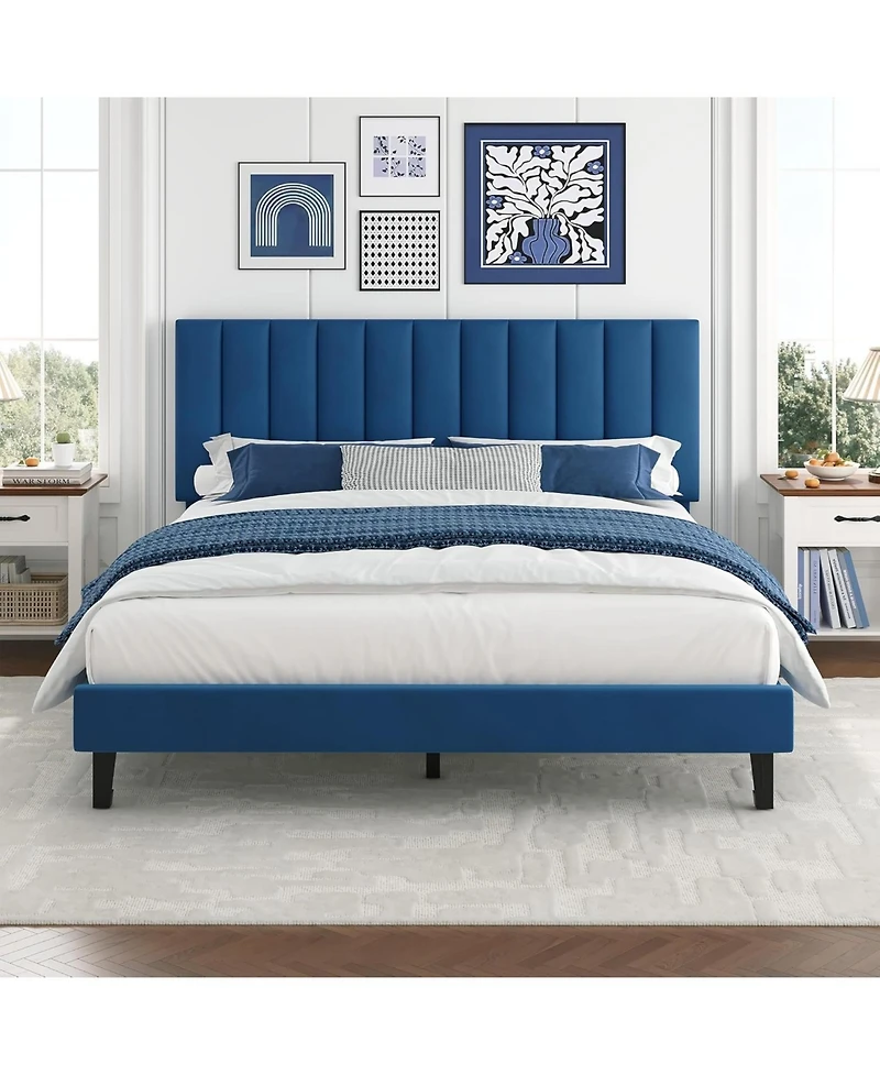 gaomon Queen Size Velvet Iron Mdf Vertical Pattern Soft Bag Basic Bed, Upholstered Bed Frame, Stylish Design, Comfortable Mattress, No Box Spring