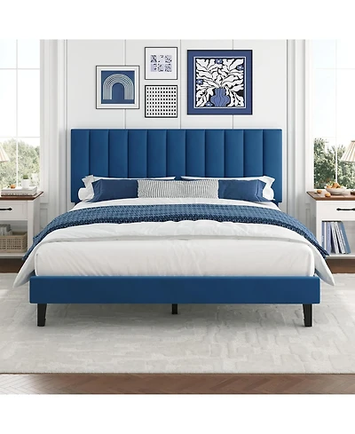 gaomon Queen Size Velvet Iron Mdf Vertical Pattern Soft Bag Basic Bed, Upholstered Bed Frame, Stylish Design, Comfortable Mattress, No Box Spring