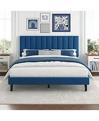 gaomon Queen Size Velvet Iron Mdf Vertical Pattern Soft Bag Basic Bed, Upholstered Bed Frame, Stylish Design, Comfortable Mattress, No Box Spring