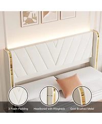 gaomon Upholstered Led Bed Frame with 4 Storage Drawers, Rgb Lights, Platform Bed Frame with Wingback Headboard, No Box Spring, Noise-Free