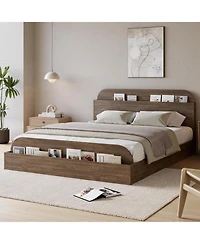 gaomon Queen Size Bed Frame with Wooden Storage Headboard, Low Platform Design, Sturdy Wooden Slats, No Box Spring Needed for Bedroom, Space-Saving