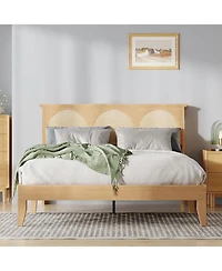 gaomon Queen Boho Rattan Bed Frame with Rgb Led Headboard, Underbed Storage, Solid Wood Slats, No Box Spring, Easy Assembly