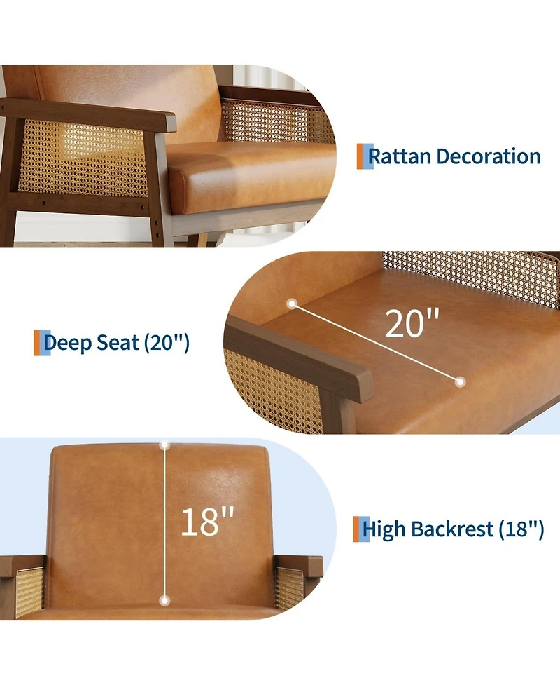 gaomon Pu Leather Accent Chair,Rattan Armchair with Wooden Frame,High Back,Upholstered Reading Chair Leisure Chairs for Living Room Bedroom